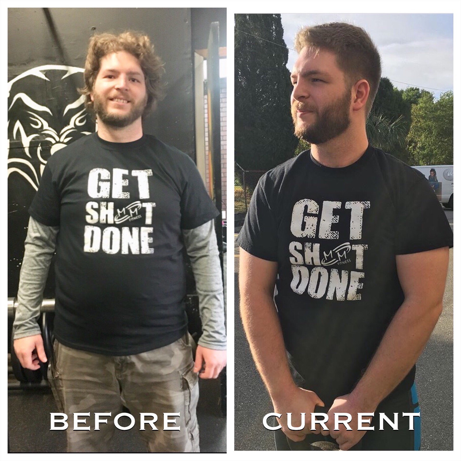 MMFitness member BEFORE and CURRENT photos showing a stronger, leaner build from consistent training in MMFitness gear